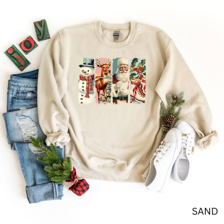 Sweatshirt de Noël rétro, Sweatshirt de Noël vintage, Hoodie de Noël avec bonhomme de neige, Père Noël et renne, Pull de Noël confortable pour la vente par DONNA SHIRTS