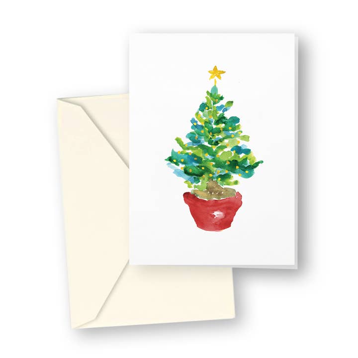 Tarjetas con forma de árbol de Navidad en maceta roja, paquete de 4 para venta al por mayor de French Graffiti