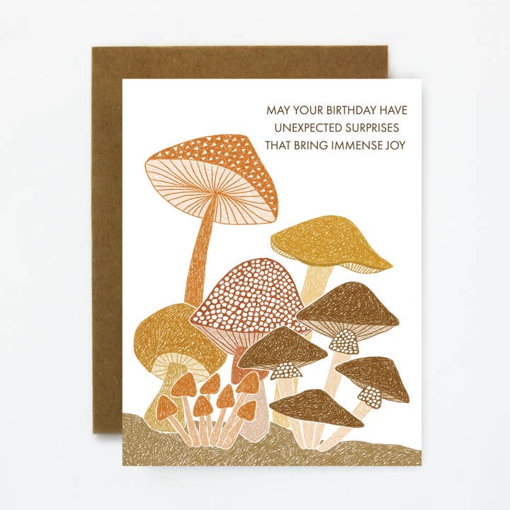 Unexpected Surprises-Mushroom Birthday Greeting Card for wholesale by Quiet Lines Design