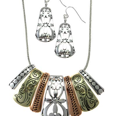 FR2663 Multi Colored Filigree Graduated Bib Necklace Set for wholesale by 0011 PREMIERE