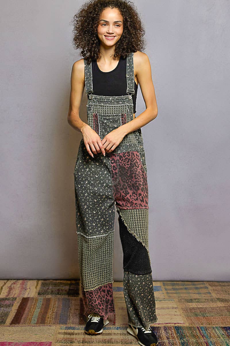 Pol Clothing - Wholesale Overalls - Women's - Animal printed floral print frayed edge twill woven overalls1