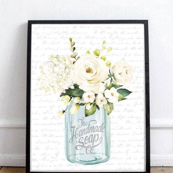 Blue Mason Jar White Floral The Handmade Soap Co pour la vente par Lettered & Lined