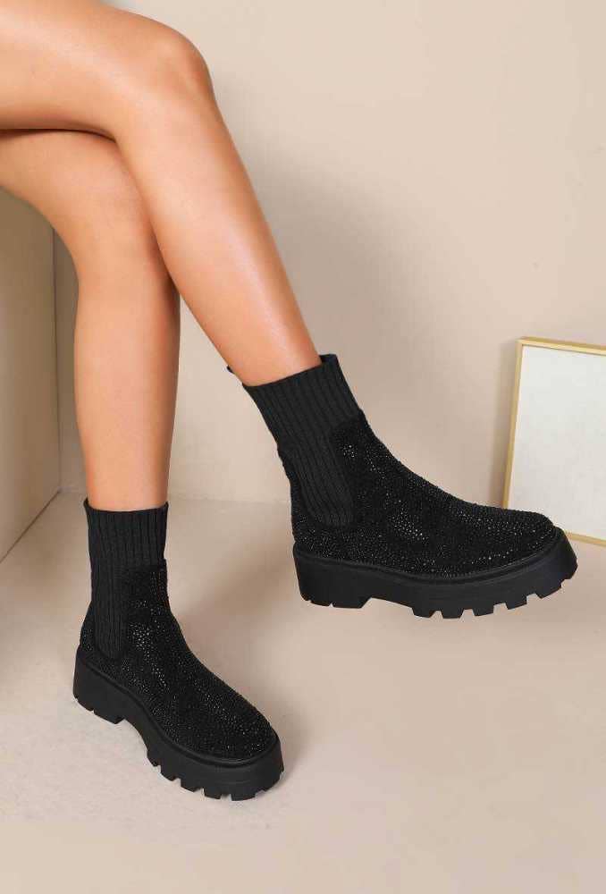 Joia Paris – Botins - Mulher por atacado – Botas rasteiras elásticas de cano curto com strass decorativo WZ-782