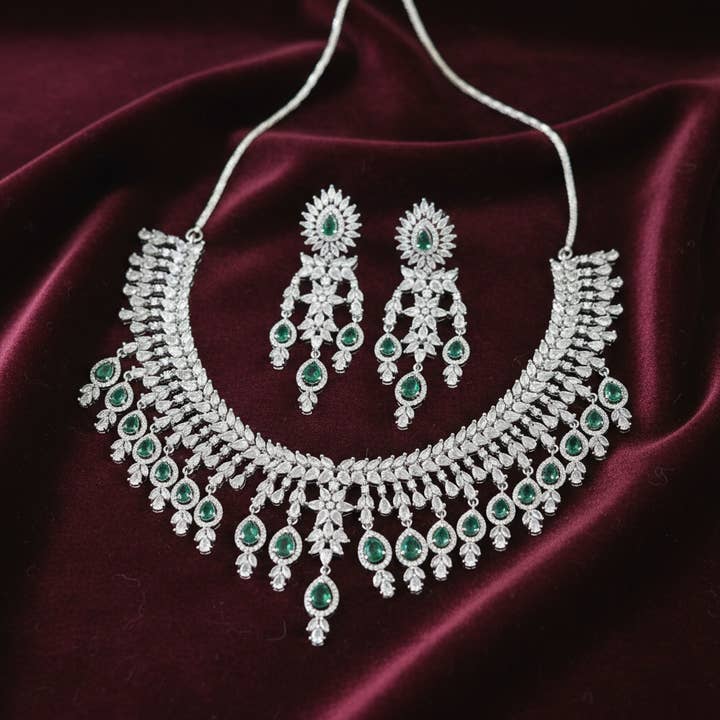 Green Emerald Bridal Necklace Set with Earrings | Vinni’s Jewelry for wholesale on Faire1