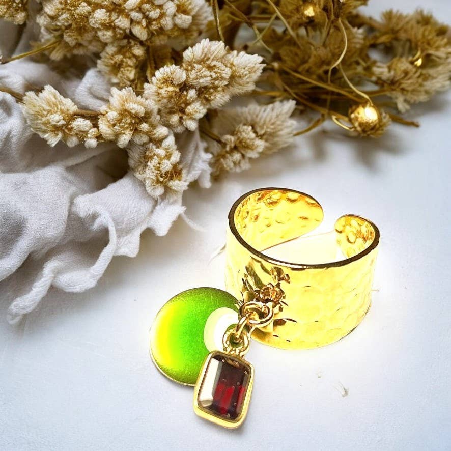 TOURMALYN - Wholesale Cocktail/Statement Ring - Fine gold gilded ring in garnet stone and enamelled sequin9