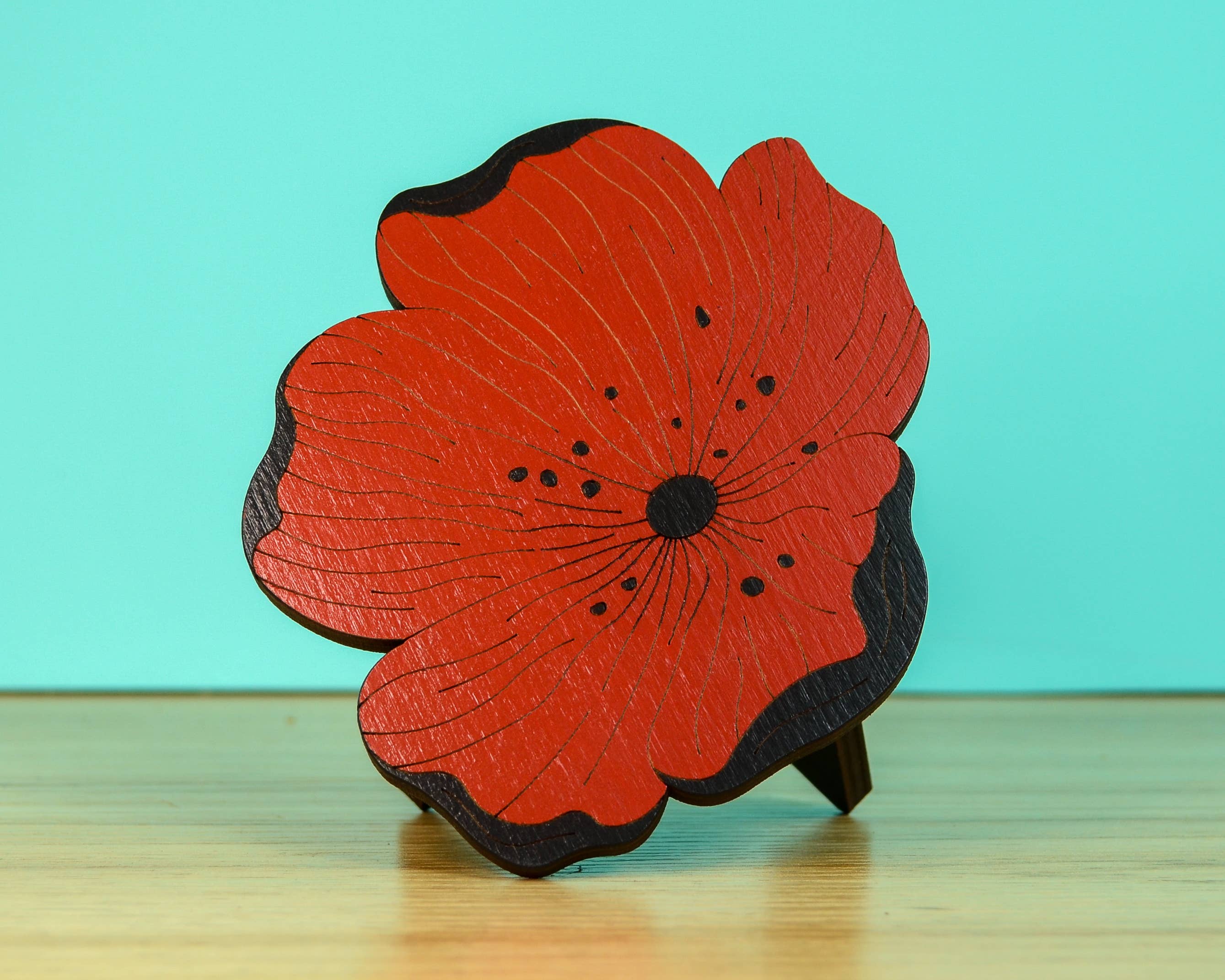 Button and Fern - Wholesale Plant Pot Stand - Red Poppy Flower Plant Stand - 5" Wood Plant Holder