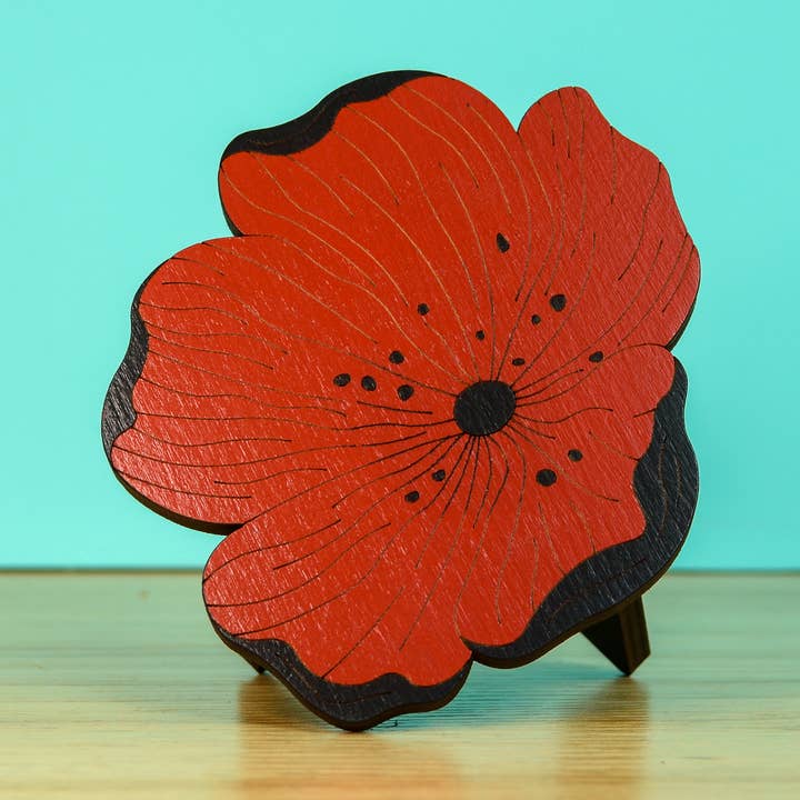 Button and Fern - Wholesale Plant Pot Stand - Red Poppy Flower Plant Stand - 5" Wood Plant Holder0