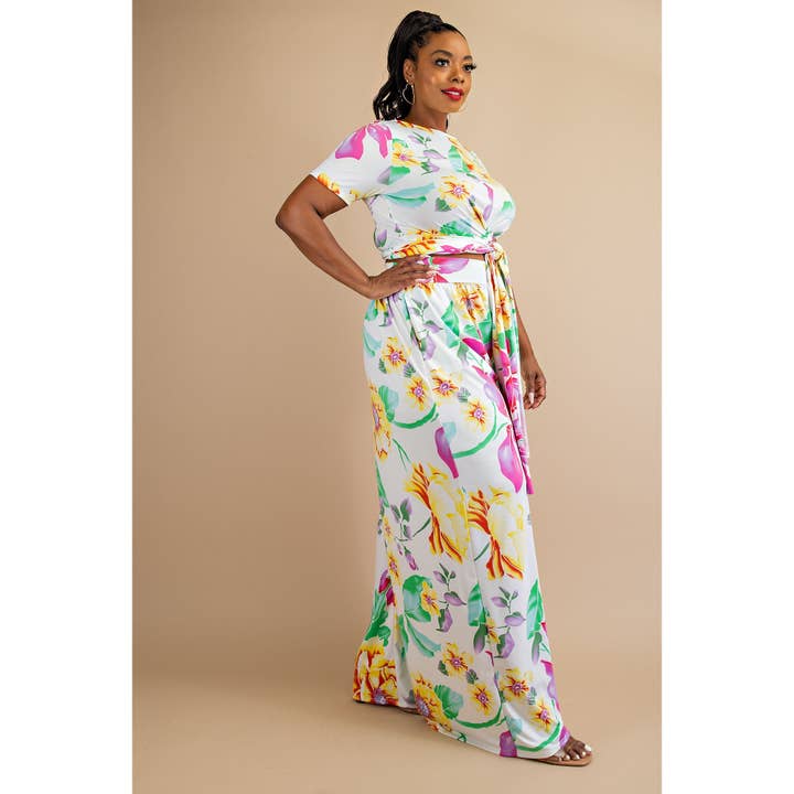 Curve Market - Vente Ensemble haut et pantalon (PAS d'intérieur) - Femme - HAUT À MANCHES COURTES ENVELOPPANT FLORAL GRANDE TAILLE ET PALAZZO PA3