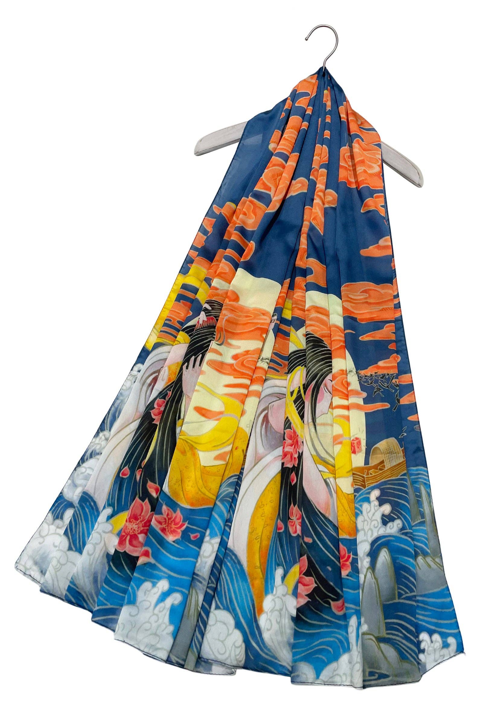 Multi Écharpe japonaise en soie à imprimé Luna Moon en vente sur Faire1