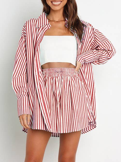Rosa Clothing - Wholesale Top & Short Set (NOT Loungewear) - Women's - classic striped long sleeve shirt & short set holiday dressy0