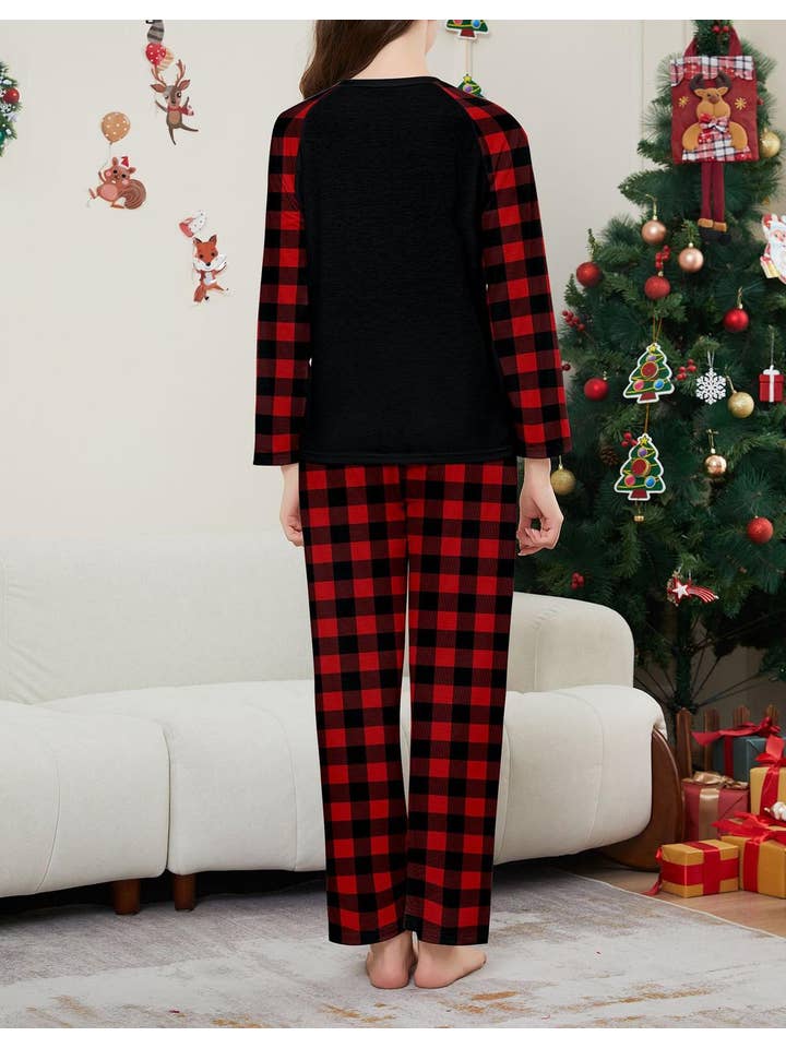 Anna Kaci Wholesale - Wholesale Sleepwear Set - Unisex - Family Christmas Pajama Set with Black Tops Red Plaid Pants21