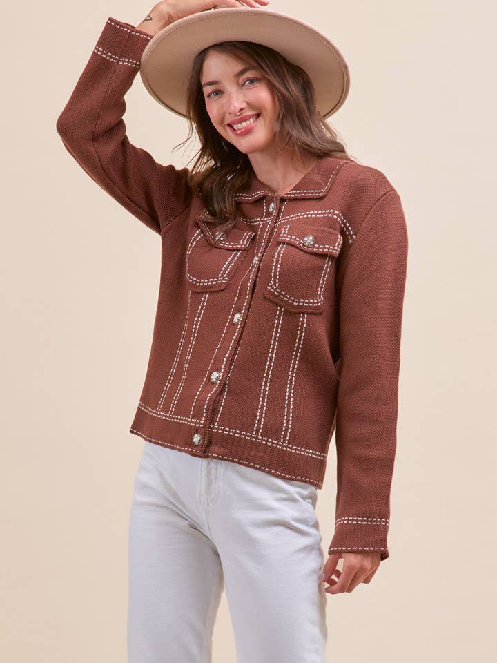 &MERCI - Wholesale Jacket - Women's - DENIM EFFECT KNIT SWEATER JACKET MSW111304