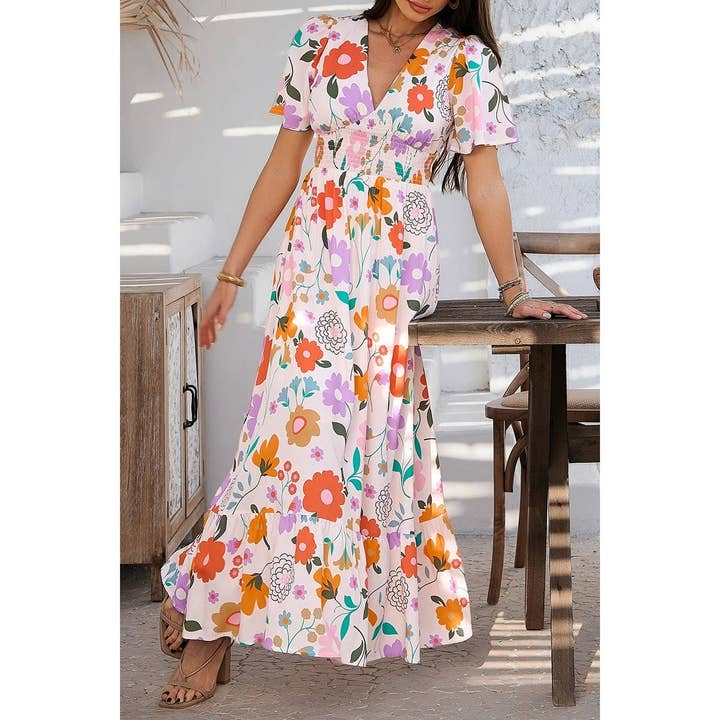 Elings - Wholesale Dress - Women's - Allover Print Deep V Elastic Waist Band Maxi Dress6