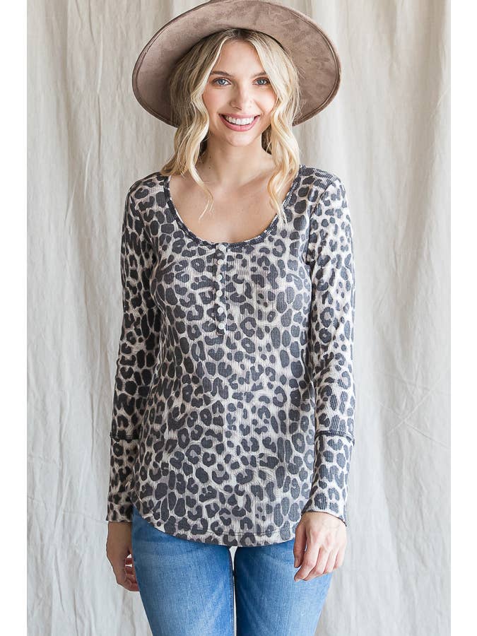 As Shown Casual Animal Print Button-Front Knit Top T4334 for wholesale on Faire