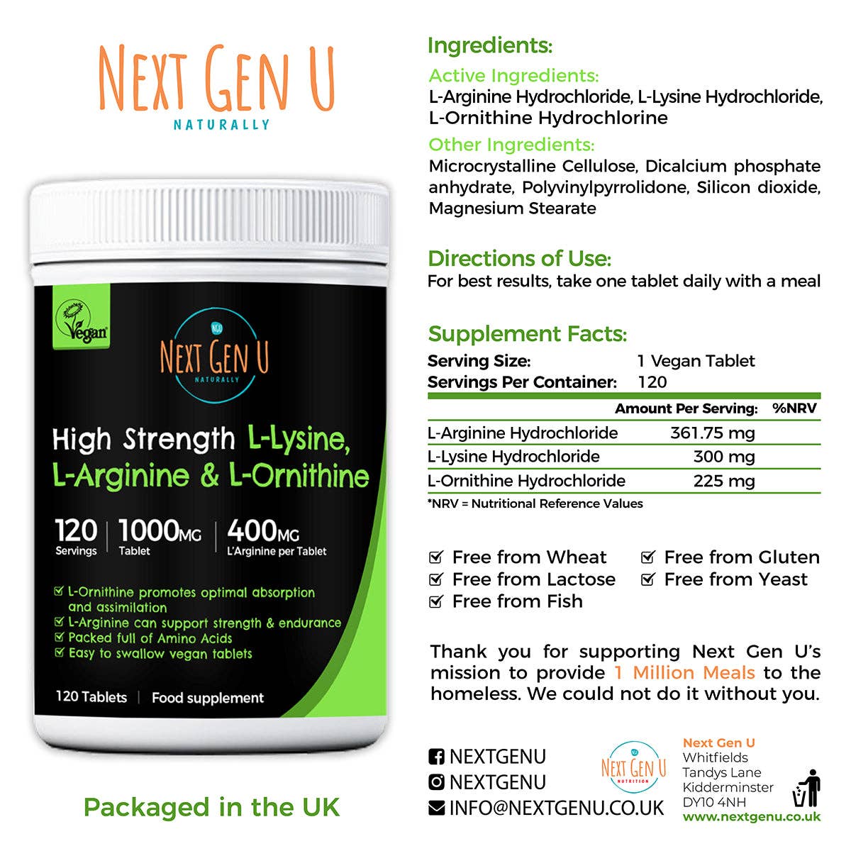 Next Gen U - Vente Supplément oral/vitamine - 120 comprimés de L-lysine, L-arginine et L-ornithine 1000 mg8