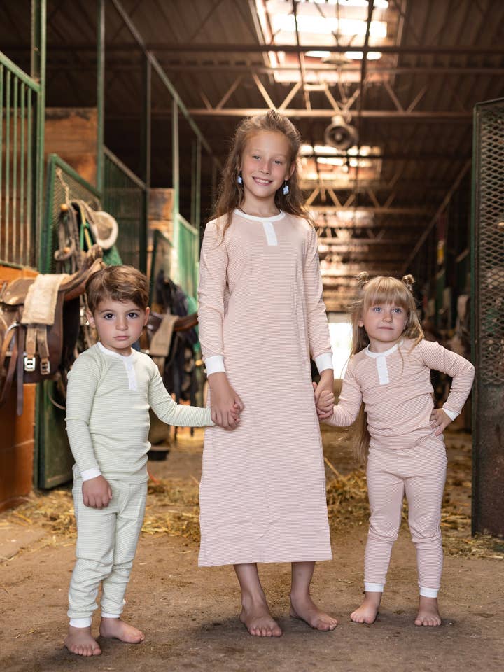 Shinu Child - Wholesale Nightdress – Kids - Peach & Cream Striped Mock Button Nightgown2