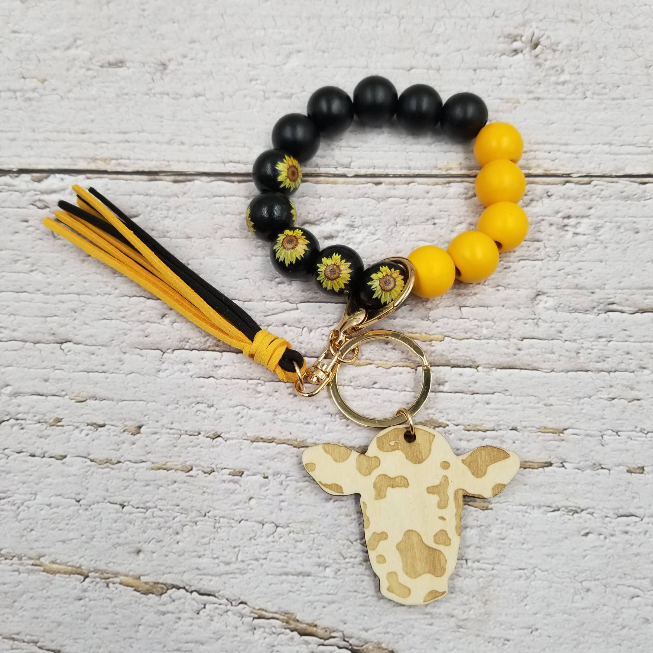 Treasure Wholesale - Wholesale Keychain Bracelet - Cow & Wood Bangle Keychain Tassels Bracelet0