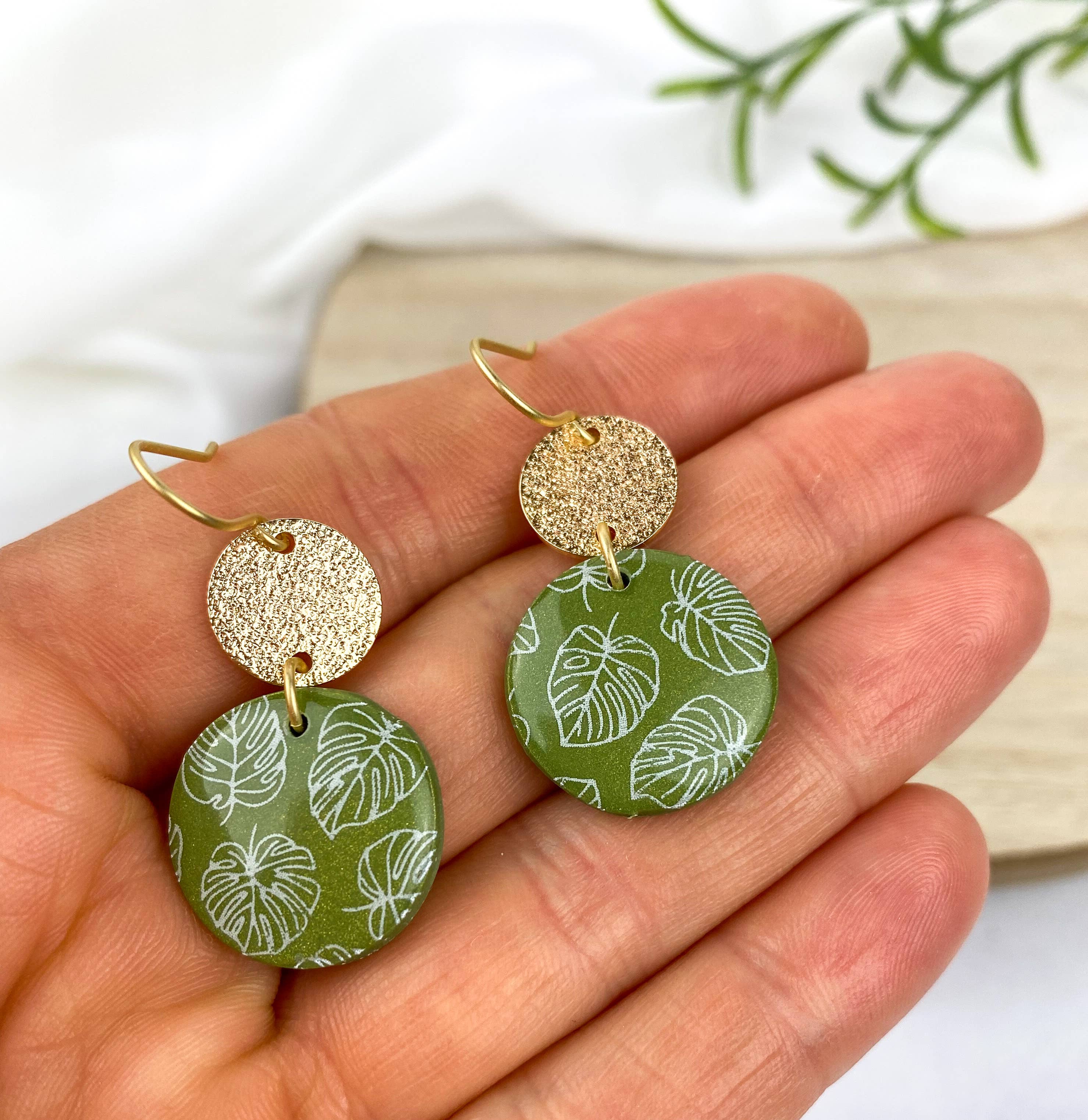 Light Shine - Wholesale Dangle Earrings - Monstera Leaf Dangle Earring | Green Spring Clay Drop |Plant2