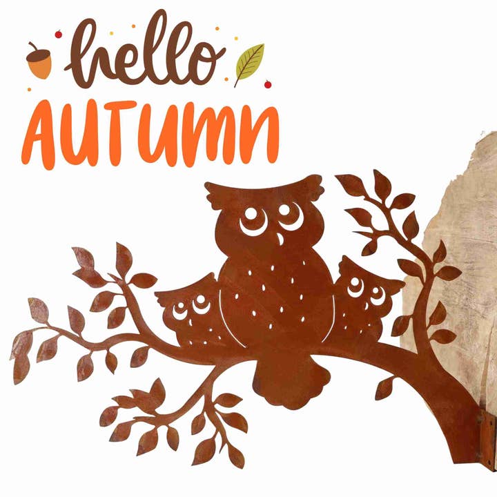 Rostikal - Venta al por mayor Adornos/decoración de exteriores - Decoración de jardín con búhos de óxido en rama | 50 x 30 cm2