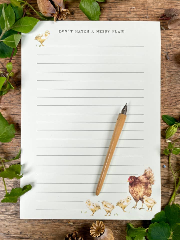 Don't Hatch a Messy Plan! Chickens Watercolour Notepad for wholesale by Georgiou Draws