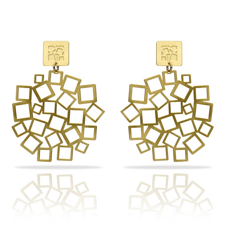 RAS - Wholesale Dangle Earrings - Cuadrado Al Cuadrado Metope Gold Plated Earring