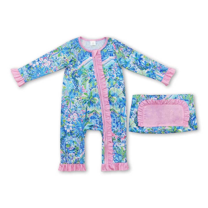 Yawoo Garments - Wholesale Jumpsuit - Baby - Pink ruffle watercolor blue floral baby girls zipper romper0