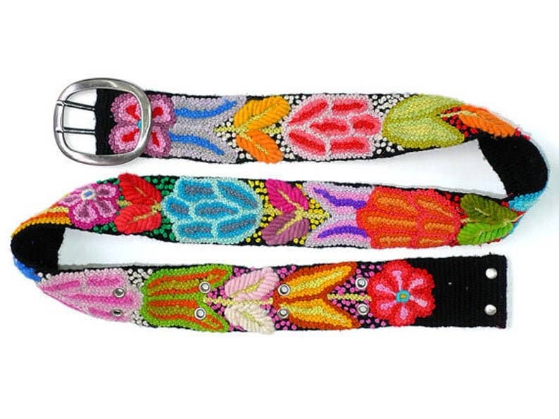 MODA LATINA - Wholesale Belt - Women's - Peruvian Wool embroidered long leaves and flowers belt Black0