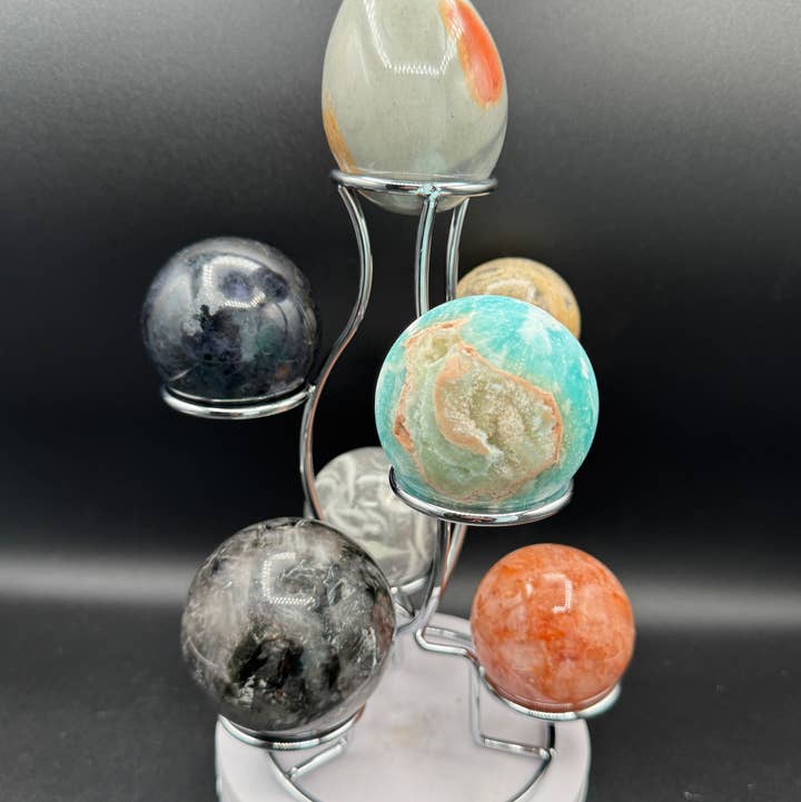 The 7 Directions - Wholesale Spiritual Stone/Crystal - 7 pc Mica Iolite fire quartz sphere w/ display stand G996