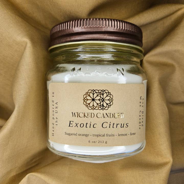 Wicked Candlier - Wholesale Jar/Filled Candle - Exotic Citrus 8 Oz Glass Mason Jar Soy Blend Candle1