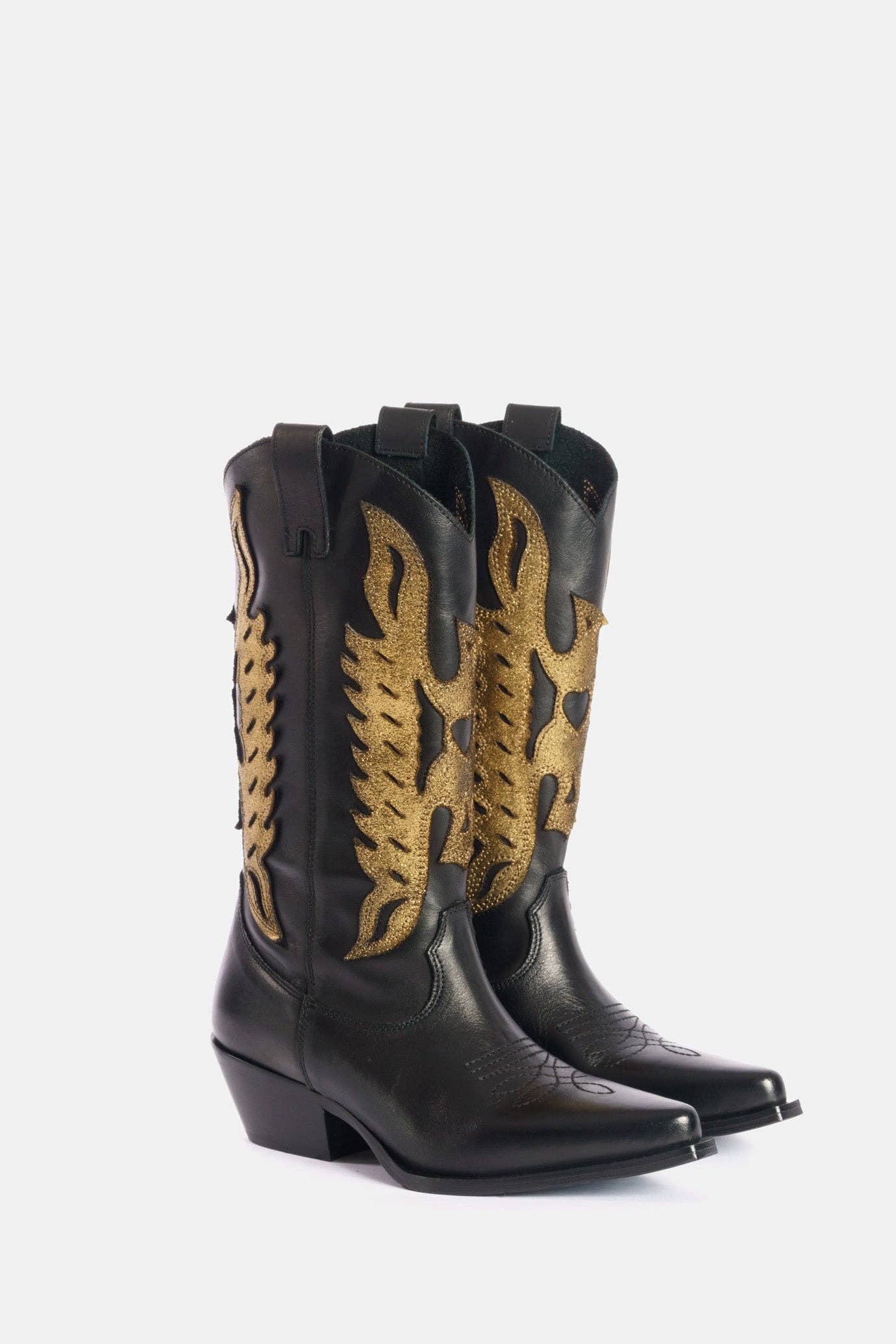 METISSE - Wholesale Boots - Women's - Black and gold calfskin Texan boots DX8221