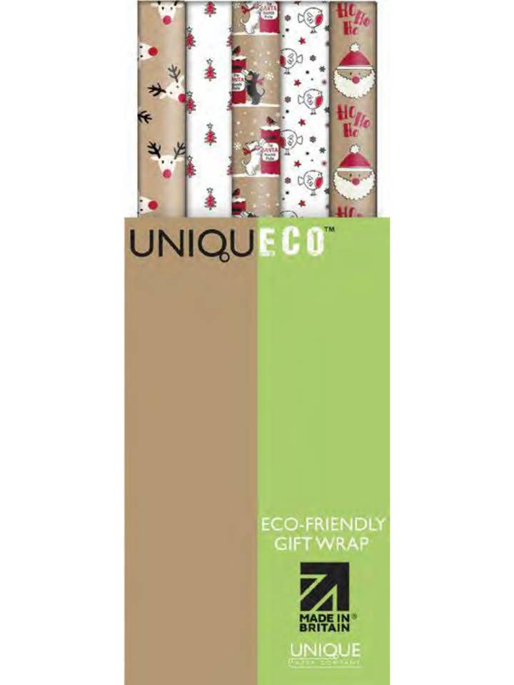 Papel de regalo reciclado kraft ecológico de Navidad Ho Ho (42 rollos) para venta al por mayor de The Unique Paper Company