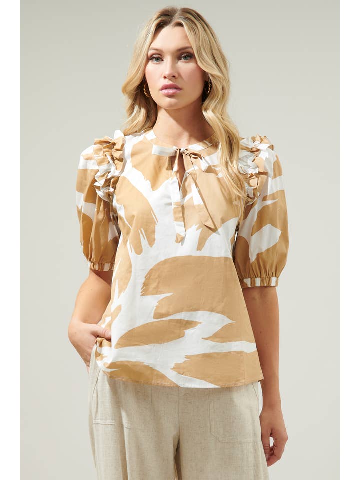 Camel Multi Hazel Abstract Noche Tie Neck Blouse for wholesale on Faire