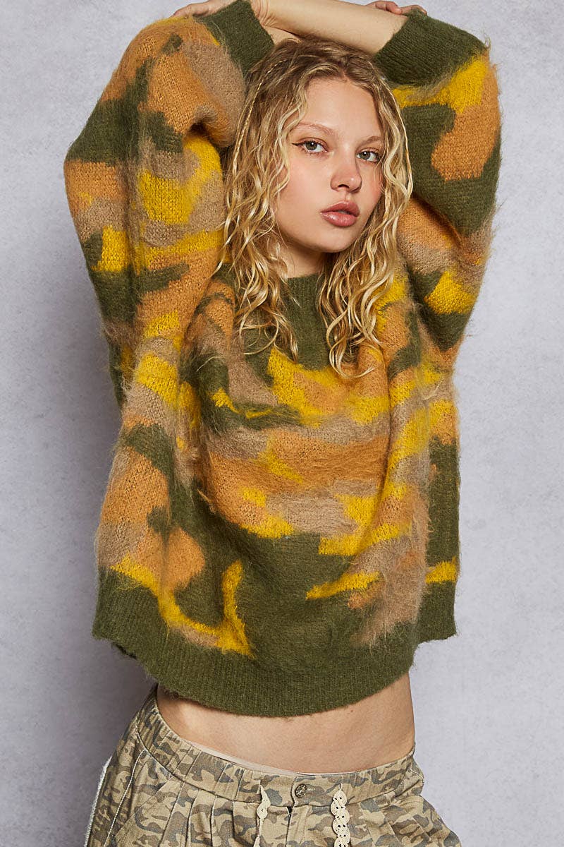 Pol Clothing - Vente Pull en maille – femme - Pull en mohair à manches longues avec blocs de couleur abstraits en solde4