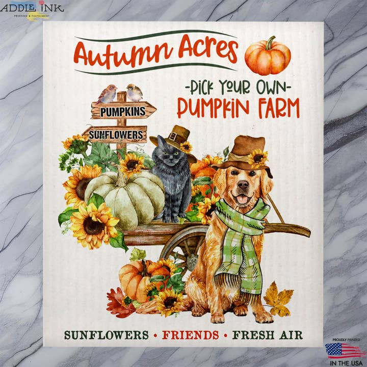 Torchon à vaisselle rustique Autumn Acres Dog Cat Pumpkin Farm pour la vente par ADDLE iNK