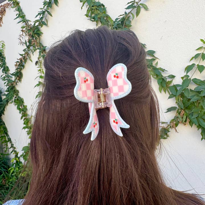 Gemelli - Wholesale Hair Clip - Women's - Checkered Cherry Bow Hair Clip1
