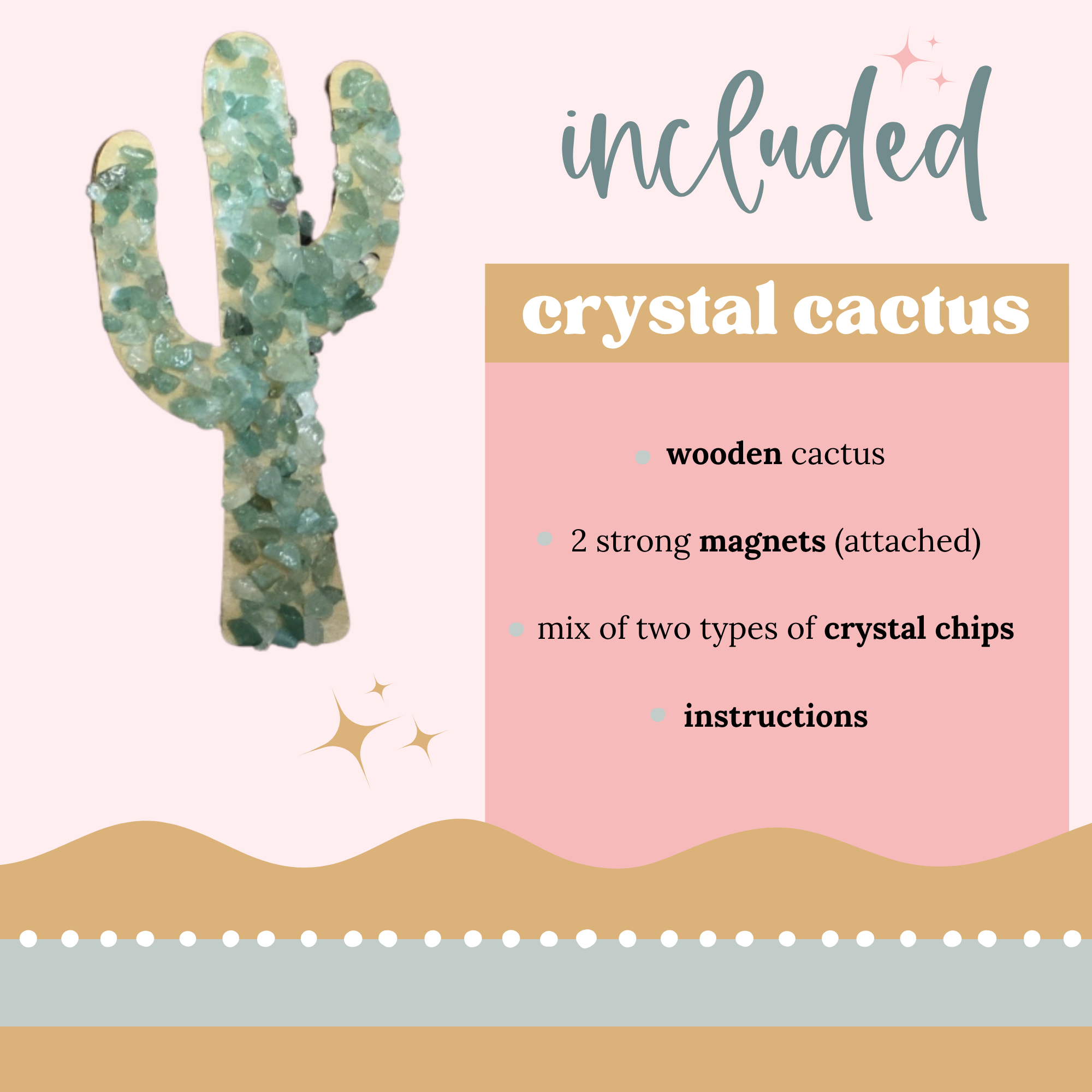Mosaic Picnic - Wholesale Magnet - Crystal Cactus Magnet – Wooden Cactus with Crystal Chips2