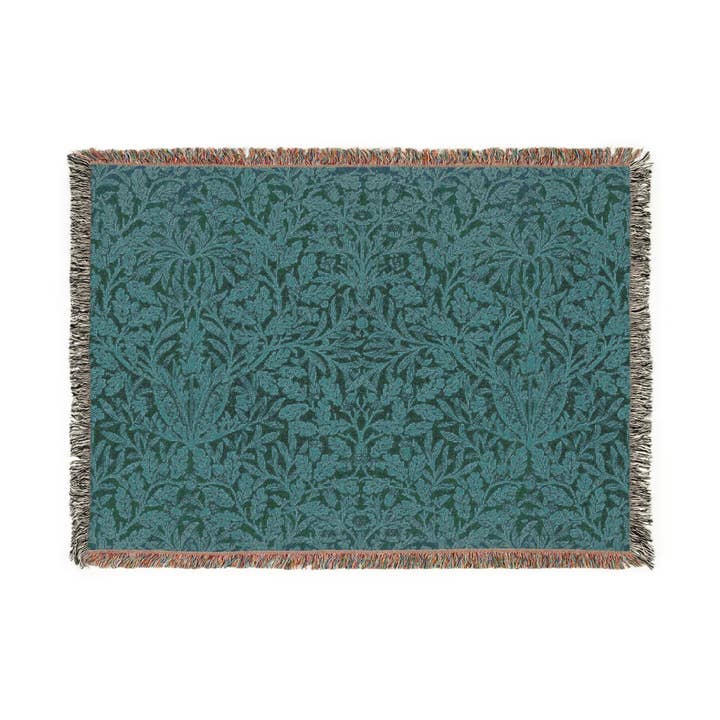 Geweven katoenen deken geïnspireerd door William Morris - Eikels & Eikenbladeren Collectie (Teal) voor wholesale door Willy Morris Home Emporium