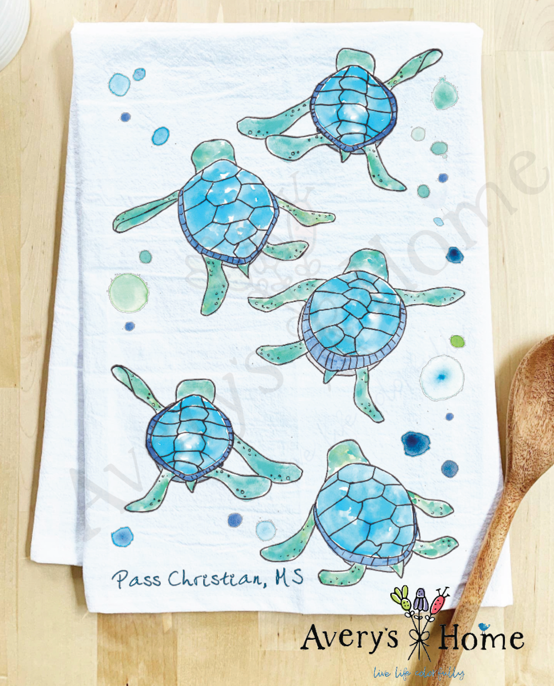 Avery's Home - Vente Torchons - Serviette de cuisine personnalisable avec adorables bébés tortues marchant sur la côte22