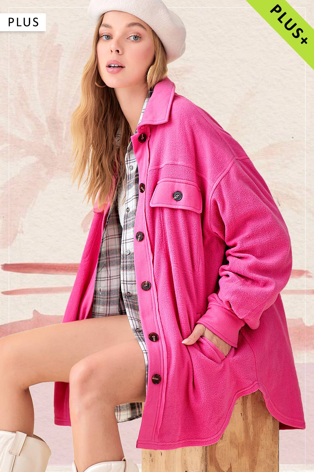 La Miel - Wholesale Shirt Jacket/Shacket - Women's - JKT1712P-Plus Size Loose Fit Button Down Fleece Shacket19