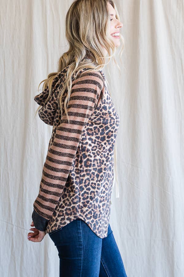 7th Ray – Großhandel Hoodie – Damen – Leopardenstreifen Ärmel Kordelzug Kapuzenpullover T44369