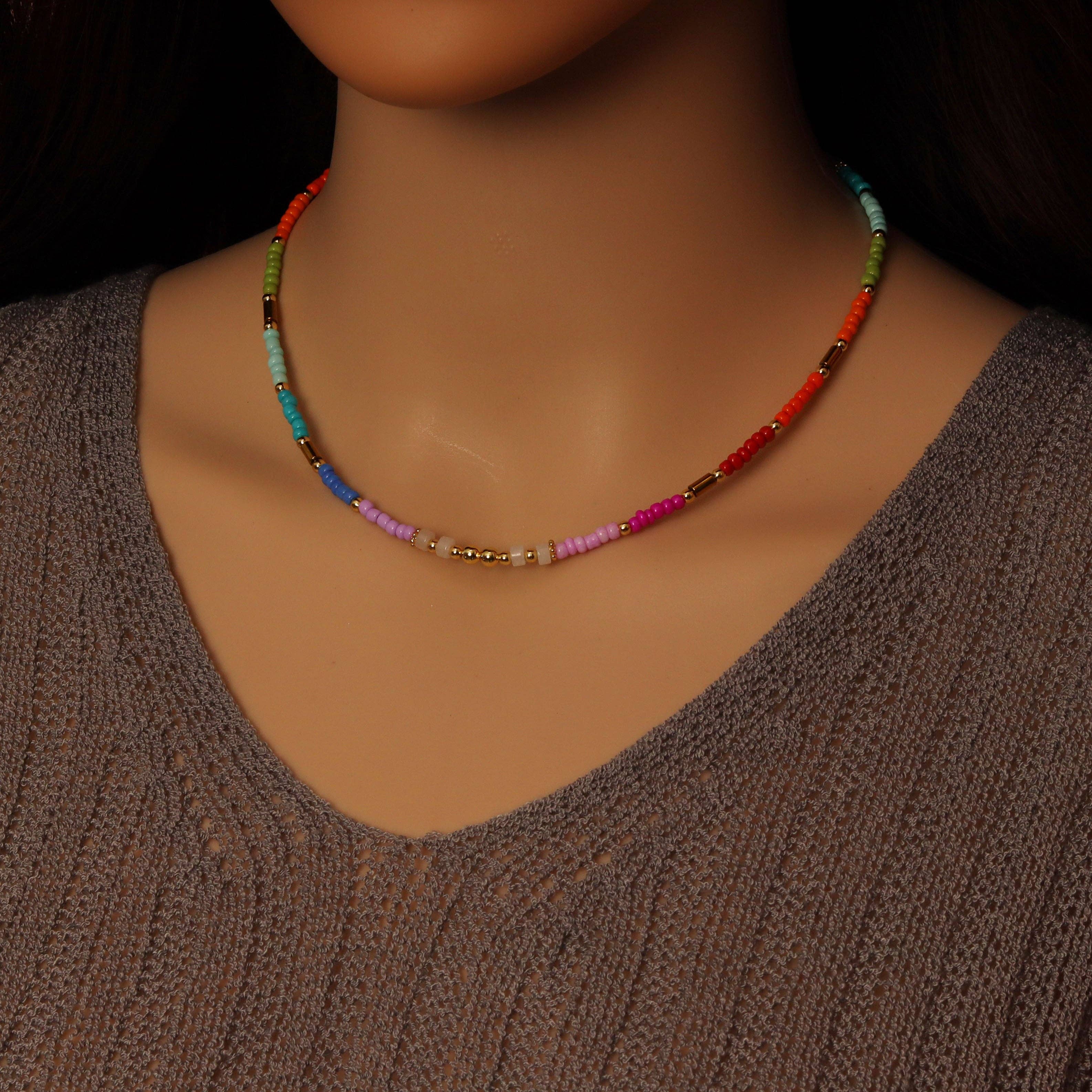 BestBeads&Beyond - Wholesale Beaded/Pearl Necklace - Colorful Beads with Gold Spacer Necklace, sku#O1203