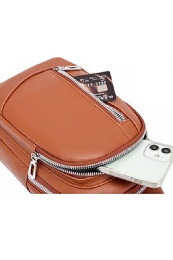 Cap Zone - Wholesale Crossbody Bag - Women's - Simplistic Triple Zippered Faux Leather Shoulder Sling Bag4