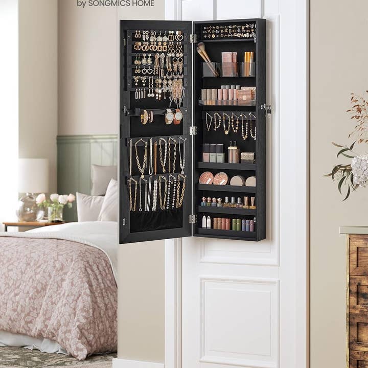 Black Mirror Jewelry Cabinet Armoire with Lockable Cosmetic Organizers for wholesale on Faire