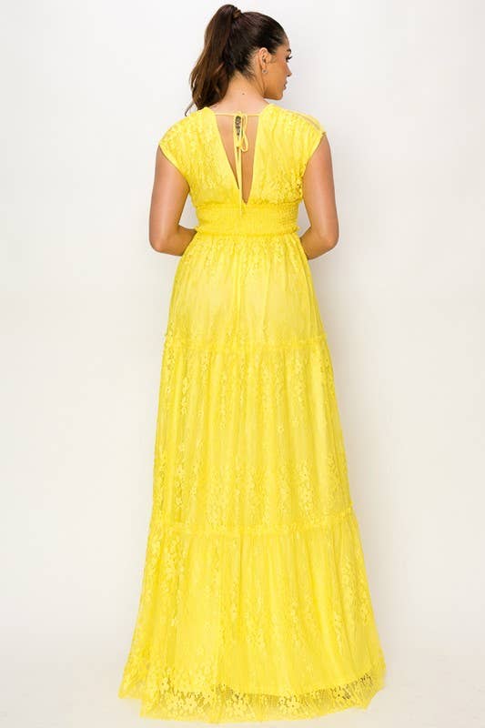 Miss Avenue - Vente Robe – femme - Robe longue volantée à col en V et à manches courtes en dentelle DM31075