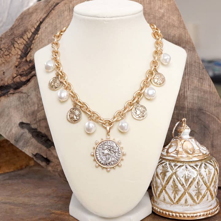 PennyLine inc - Wholesale Pendant/Charm Necklace - Boho Coin and Pearl Charms Statement Necklace – Gold and Silver Tone