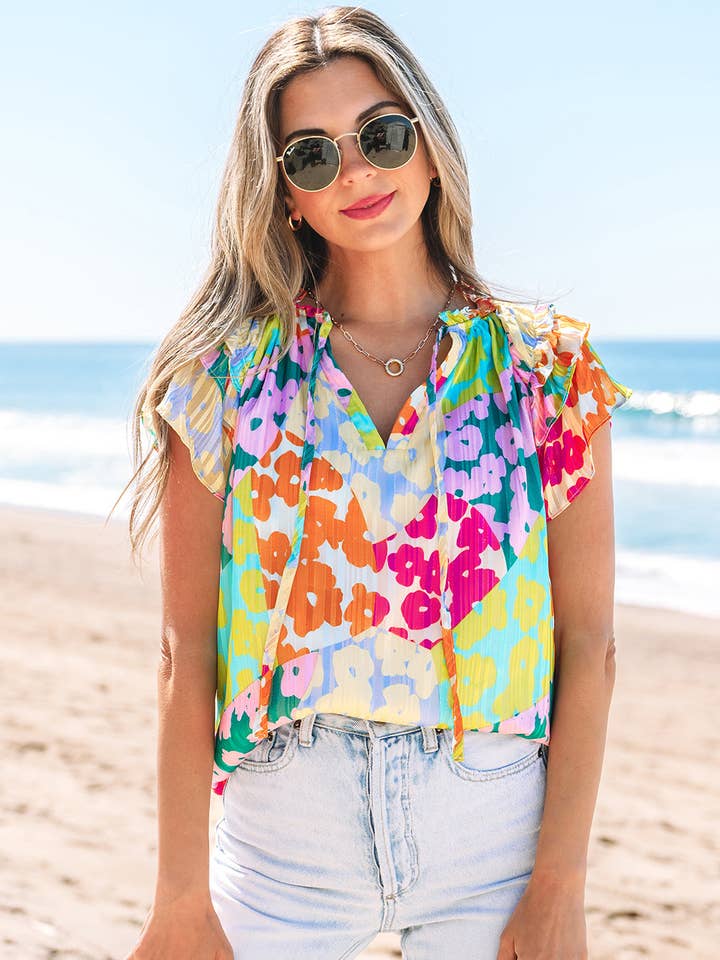 Multicolour Leopard Flutter Sleeve V Neck Crinkled Blouse for wholesale by Azzurro