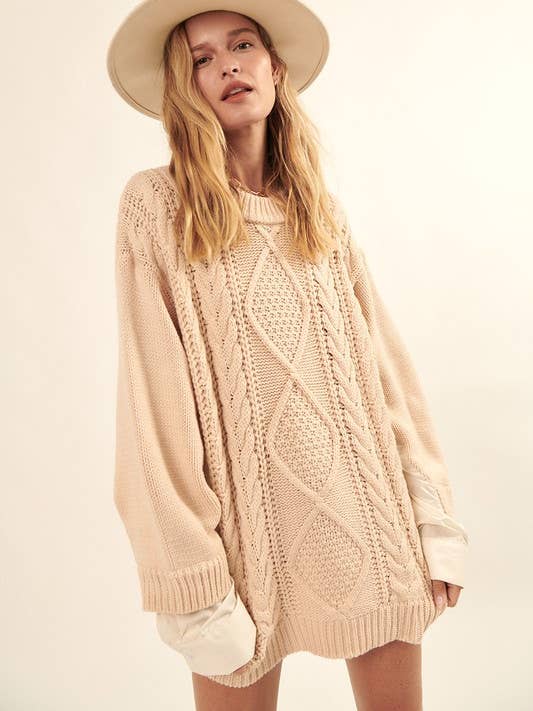 OATMEAL Solid Round Neck Oversize Cable Knit Sweater for wholesale on Faire