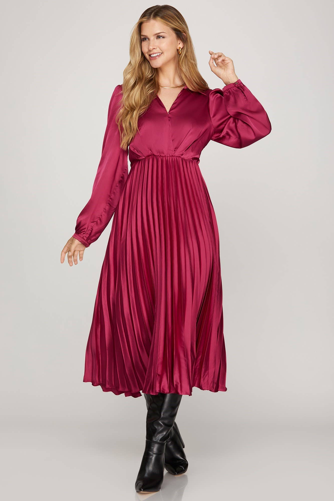 Vanilla Monkey - Wholesale Dress - Women's - Surplice Long Sleeve Woven Satin Pleated Midi Dress4