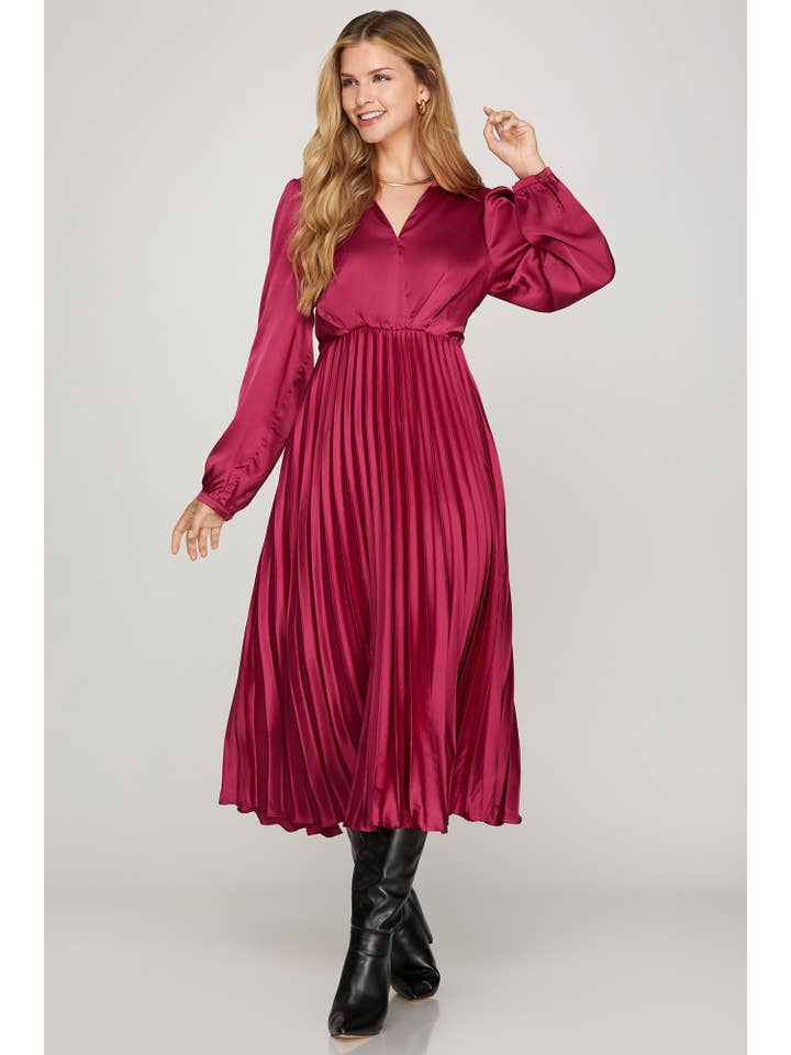 Vanilla Monkey - Wholesale Dress - Women's - Surplice Long Sleeve Woven Satin Pleated Midi Dress4