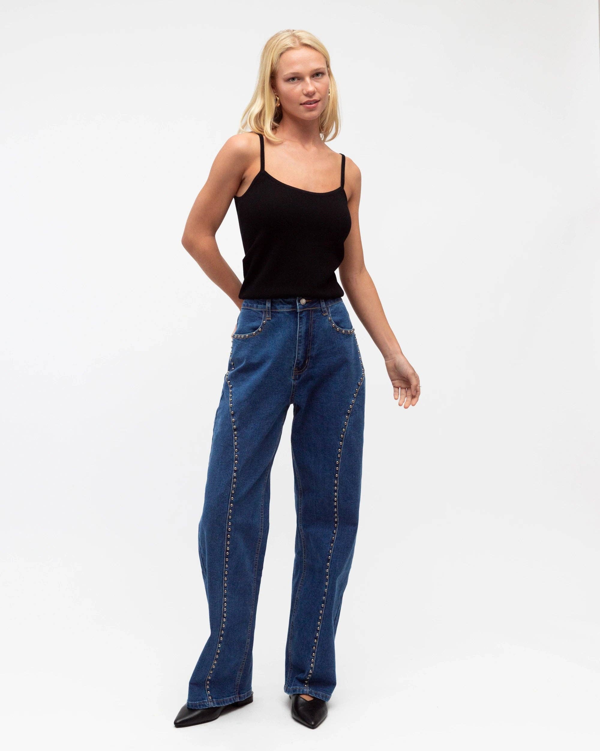 Global Fashion House - Wholesale Jeans - Women's - CONTRASTING STUDS DENIM PANTS5